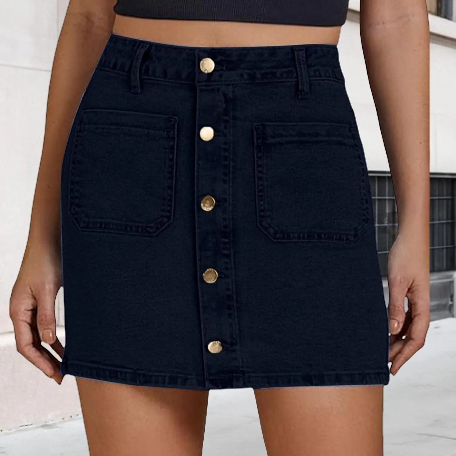 Jean Skirts for Women Denim High Waisted Trendy Stretchy Button Front Short Pencil Skirt with Patch