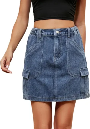 Jean Skirts for Women Denim High Waisted Trendy Stretchy Button Front Short Pencil Skirt with Patch