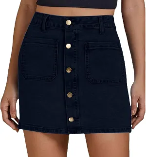 Jean Skirts for Women Denim High Waisted Trendy Stretchy Button Front Short Pencil Skirt with Patch