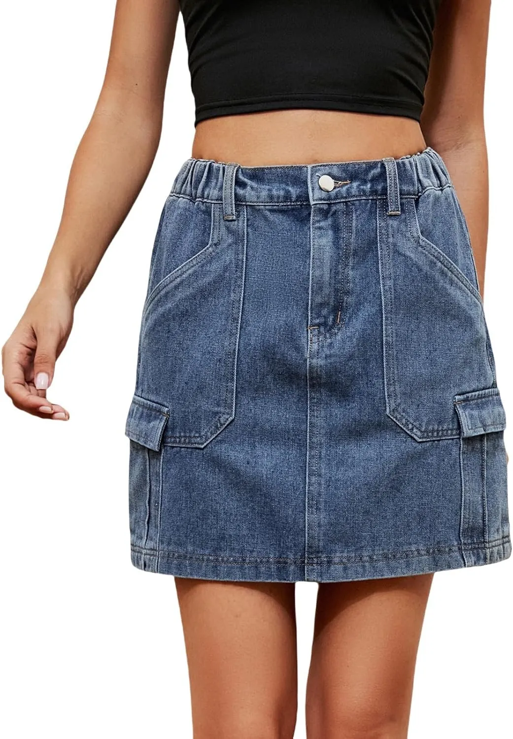 Jean Skirts for Women Denim High Waisted Trendy Stretchy Button Front Short Pencil Skirt with Patch