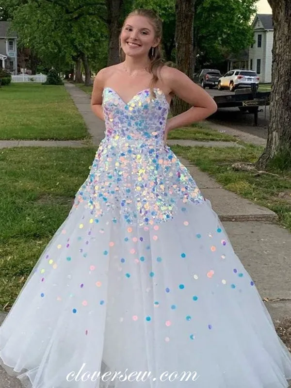 Laser Sequins Sweetheart A-line Shiny Prom Dresses For Teens, CP0817
