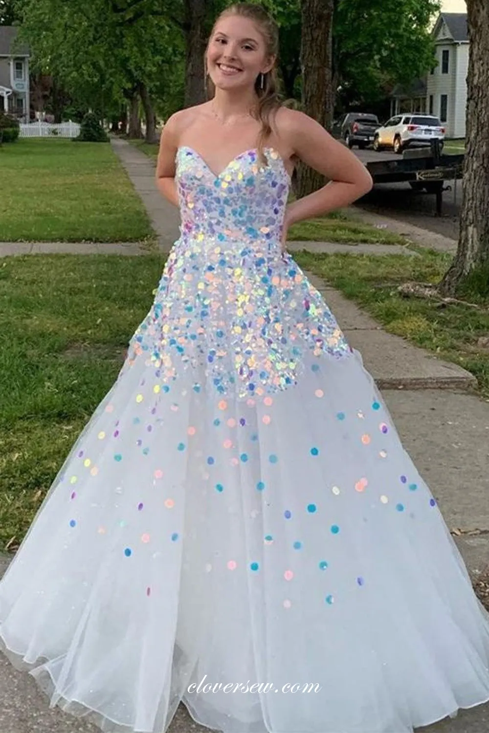 Laser Sequins Sweetheart A-line Shiny Prom Dresses For Teens, CP0817