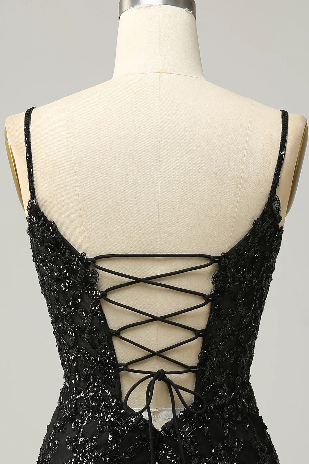 Luolandi Spaghetti Straps Sheath Sequin With Lace Homecoming Cocktail Dresses Black