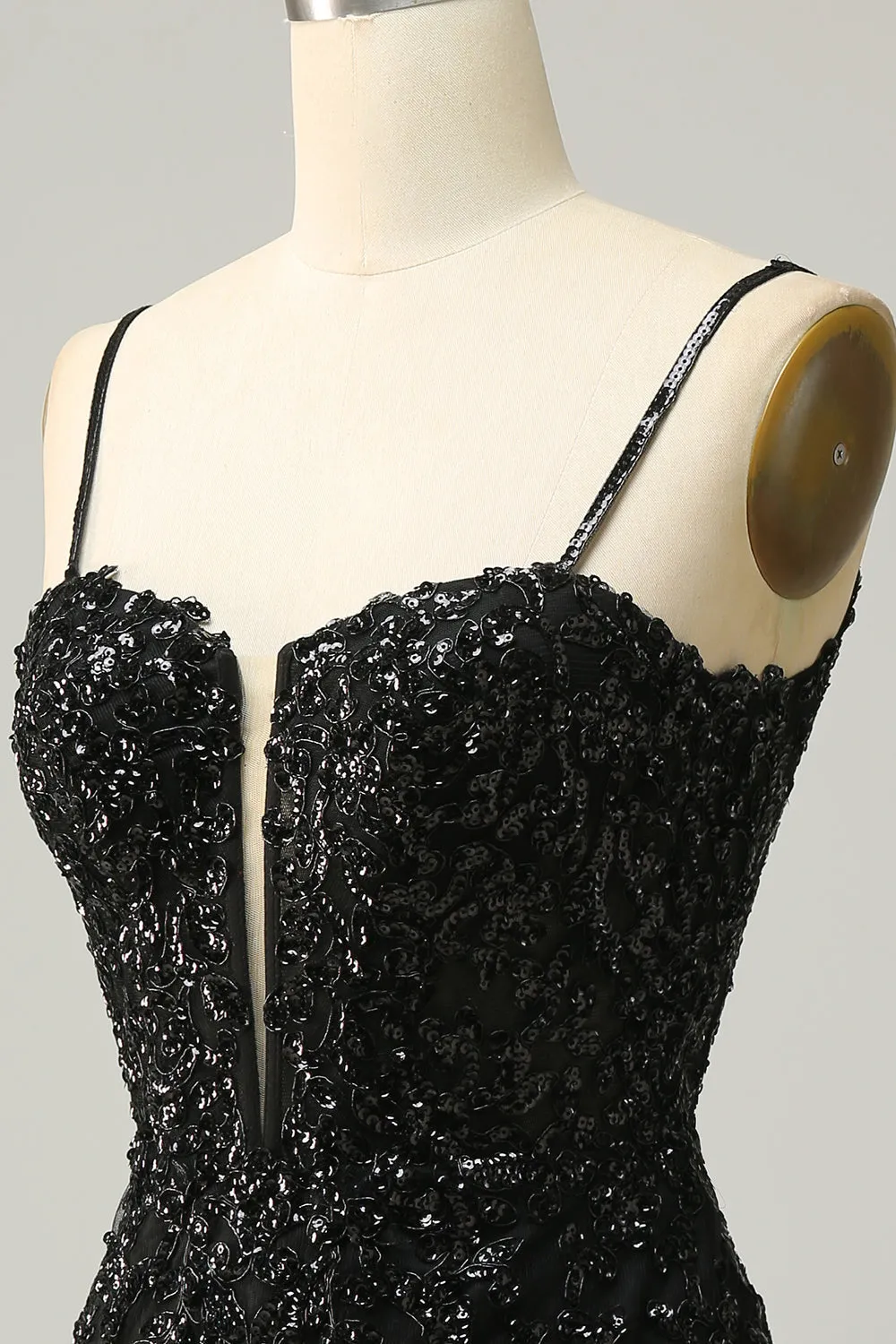 Luolandi Spaghetti Straps Sheath Sequin With Lace Homecoming Cocktail Dresses Black