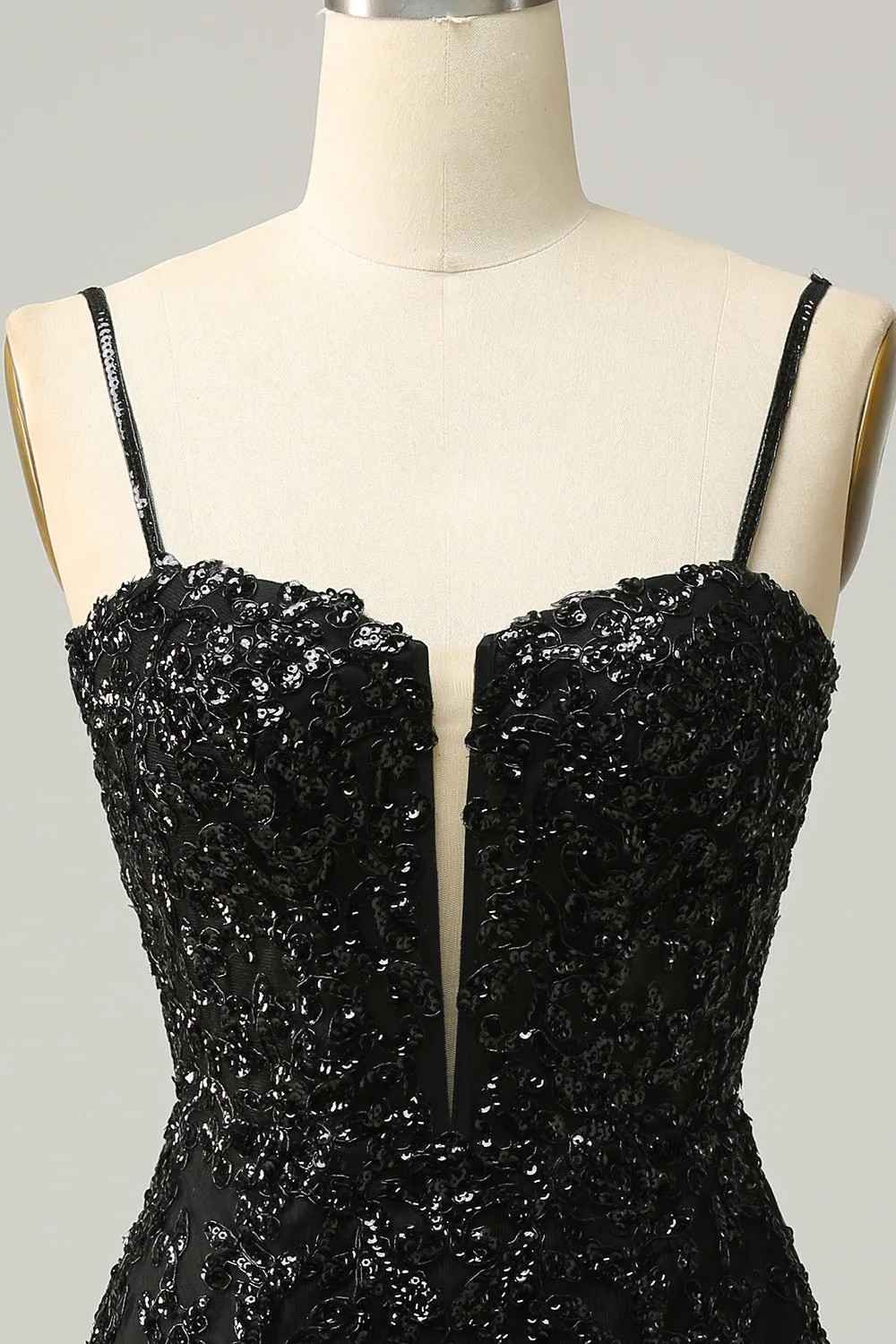 Luolandi Spaghetti Straps Sheath Sequin With Lace Homecoming Cocktail Dresses Black
