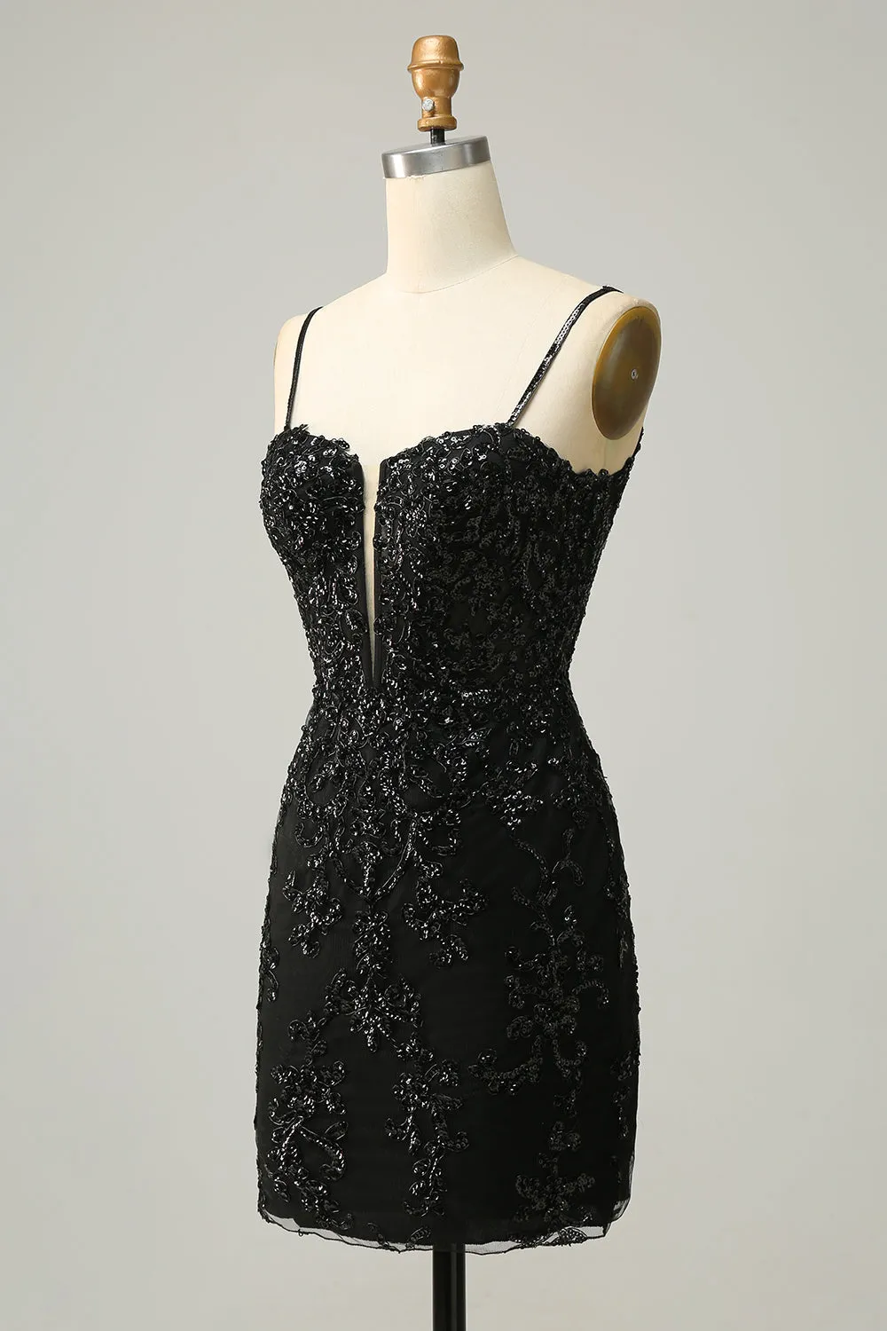 Luolandi Spaghetti Straps Sheath Sequin With Lace Homecoming Cocktail Dresses Black