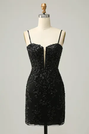 Luolandi Spaghetti Straps Sheath Sequin With Lace Homecoming Cocktail Dresses Black
