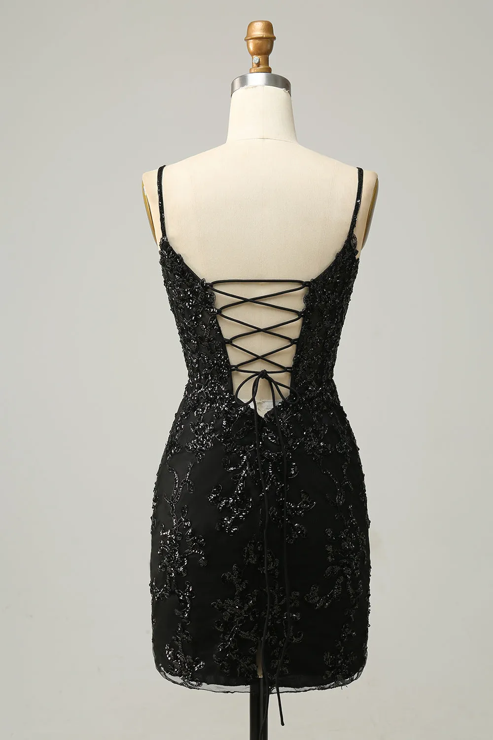 Luolandi Spaghetti Straps Sheath Sequin With Lace Homecoming Cocktail Dresses Black
