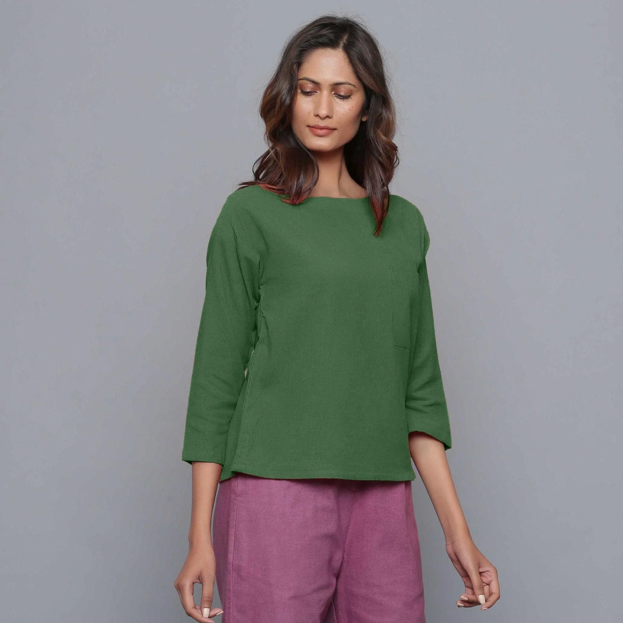 Moss Green Warm Cotton Corduroy Drop Shoulder Top
