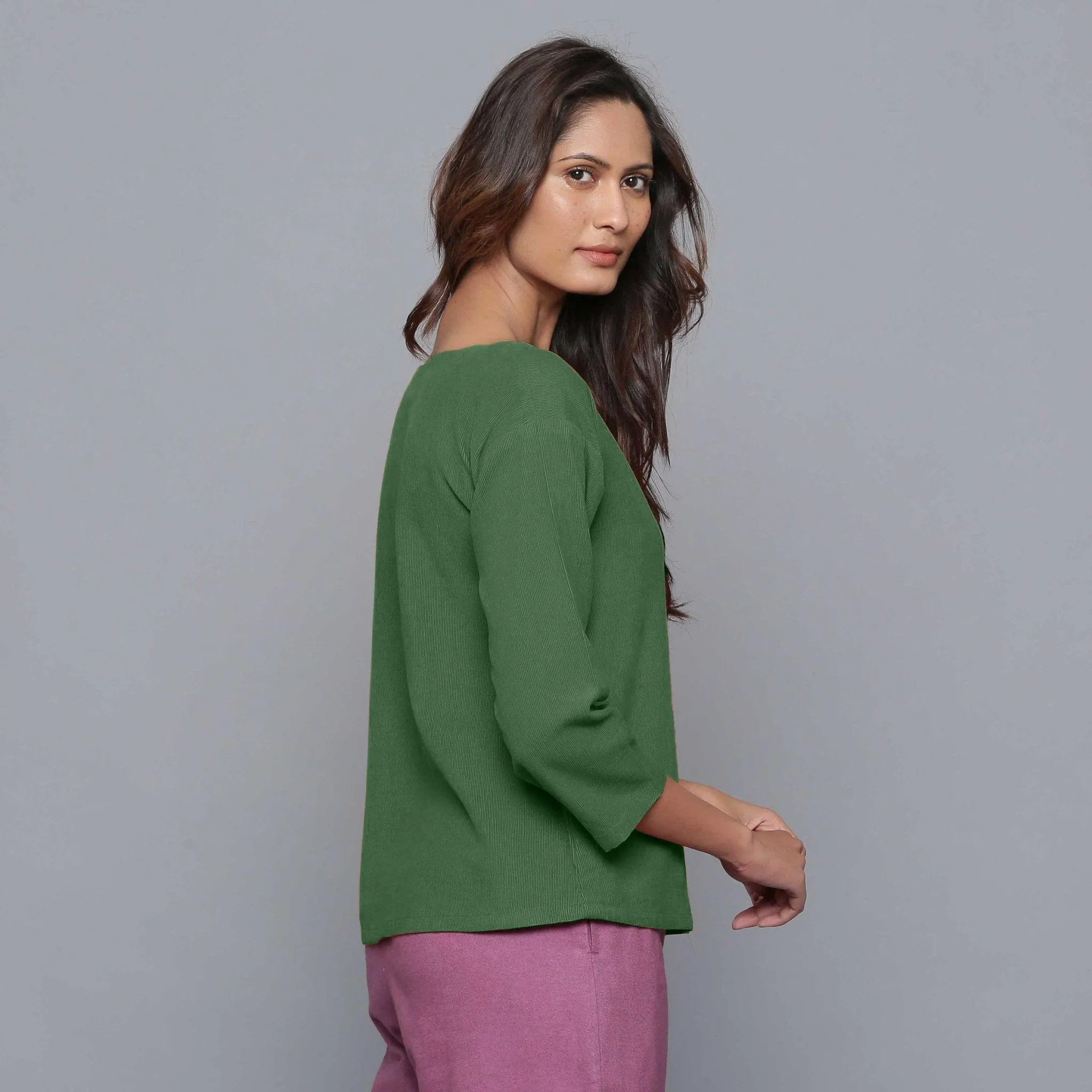 Moss Green Warm Cotton Corduroy Drop Shoulder Top