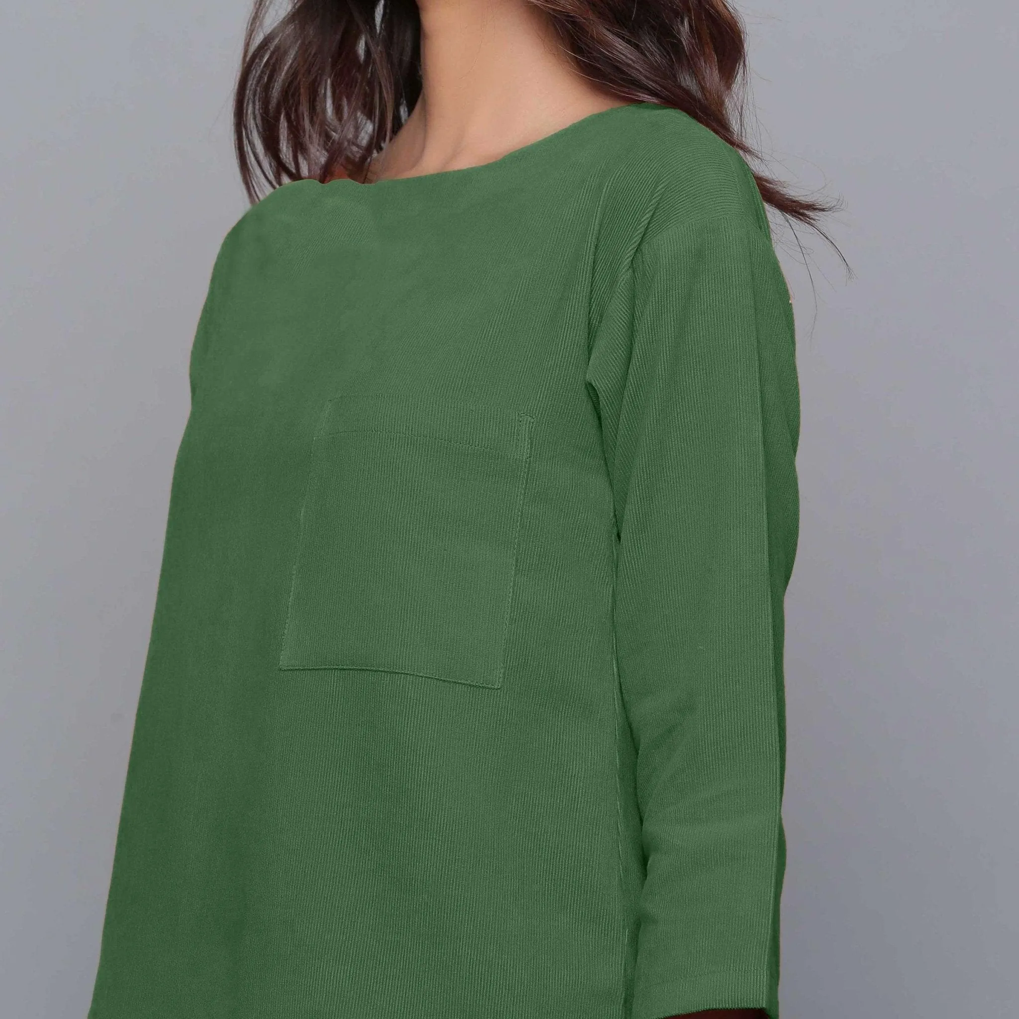 Moss Green Warm Cotton Corduroy Drop Shoulder Top