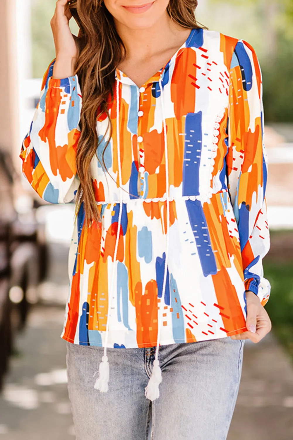 Multicolor Crochet Detail Paint Print Blouse