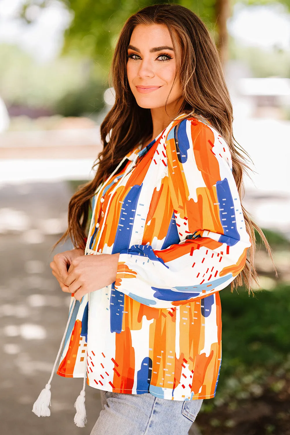 Multicolor Crochet Detail Paint Print Blouse