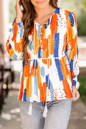 Multicolor Crochet Detail Paint Print Blouse