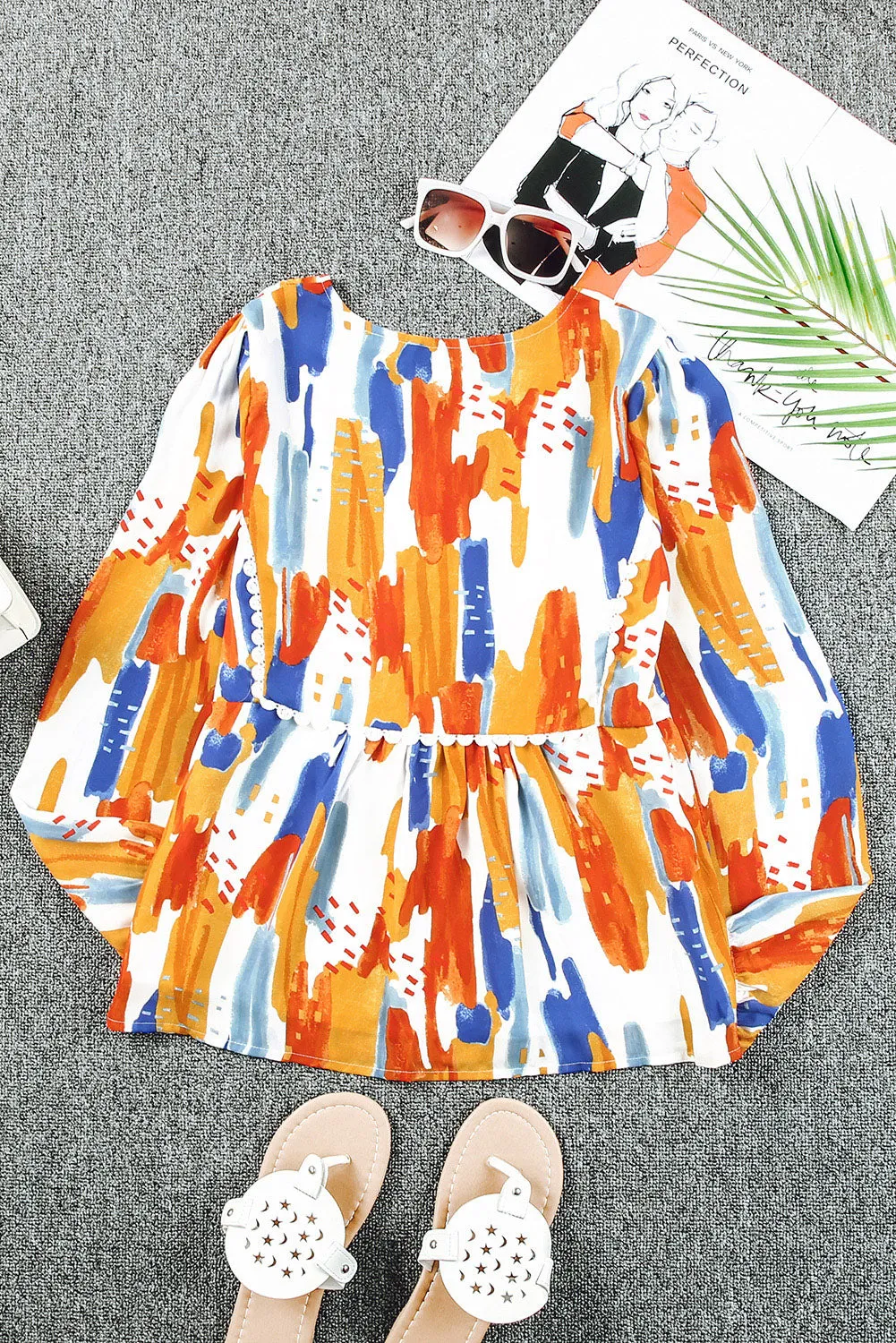 Multicolor Crochet Detail Paint Print Blouse