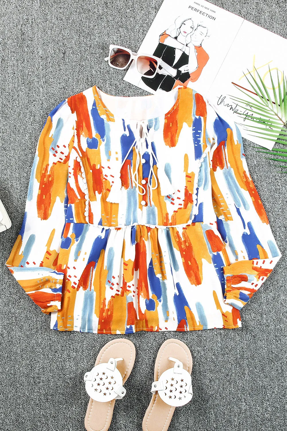 Multicolor Crochet Detail Paint Print Blouse