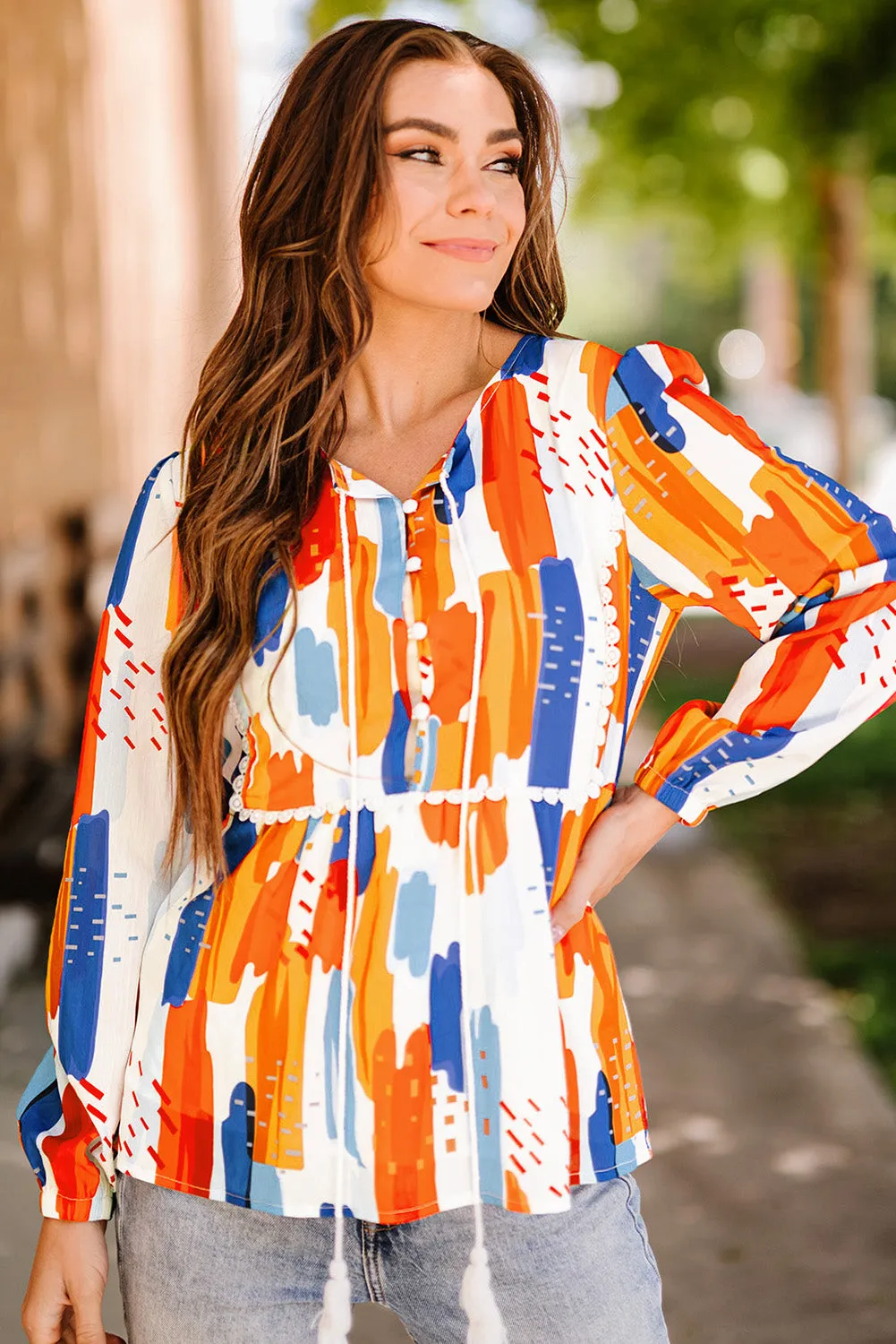 Multicolor Crochet Detail Paint Print Blouse