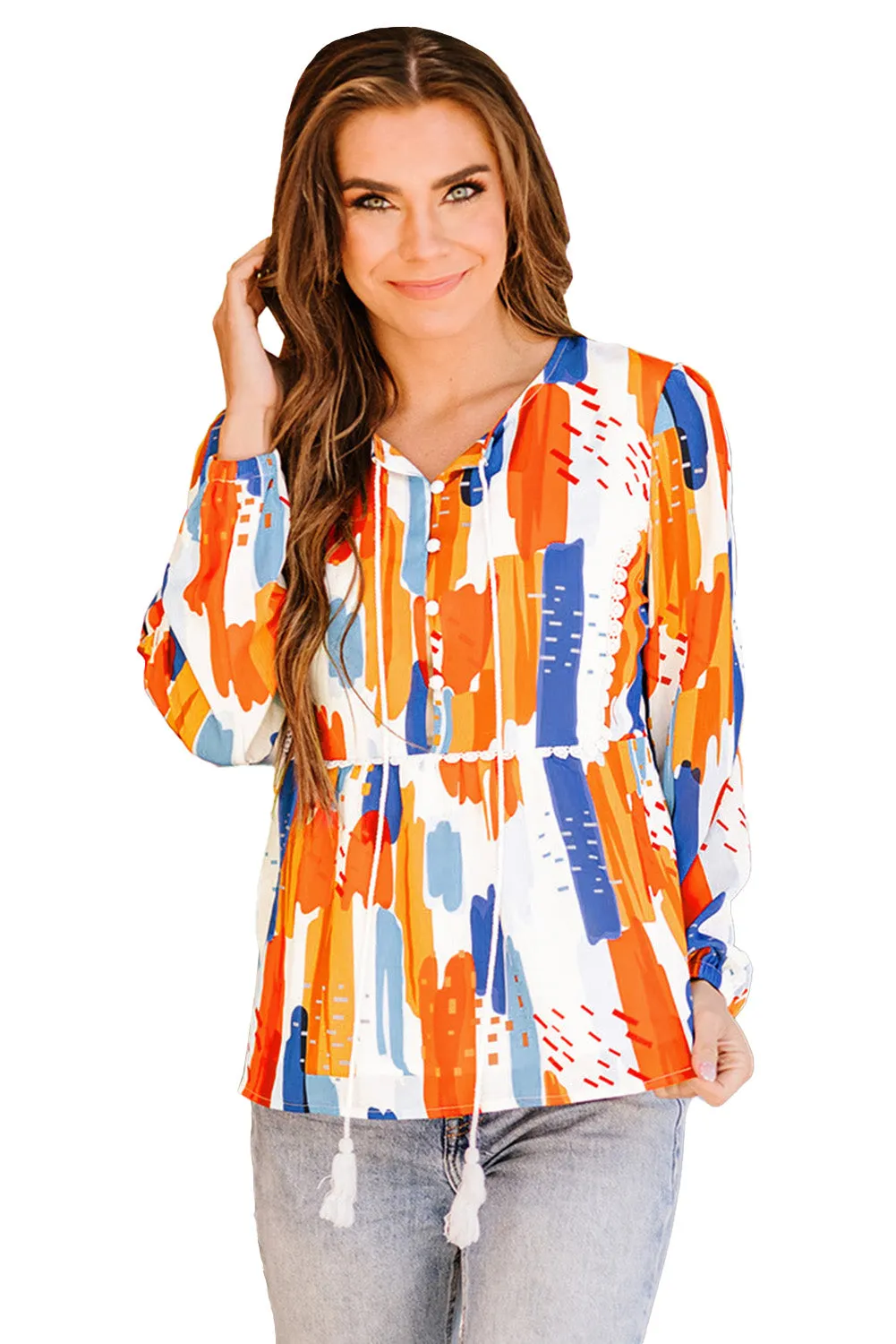 Multicolor Crochet Detail Paint Print Blouse