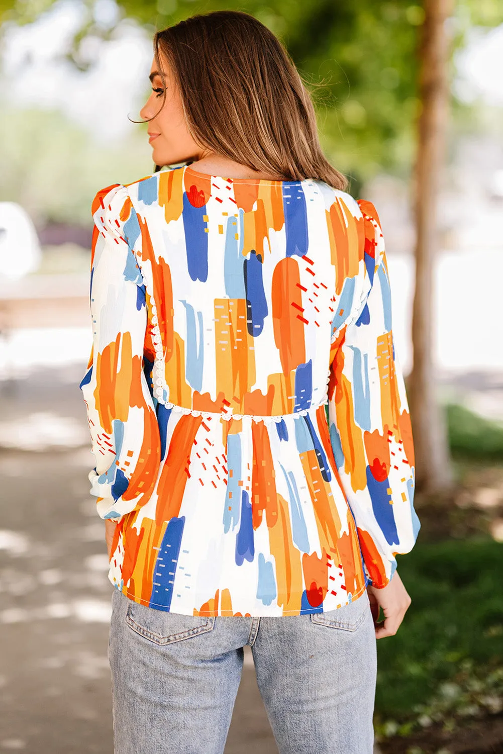 Multicolor Crochet Detail Paint Print Blouse