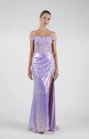 Off Shoulder High Side Split Corset Appliqued Sequins Evening Dress