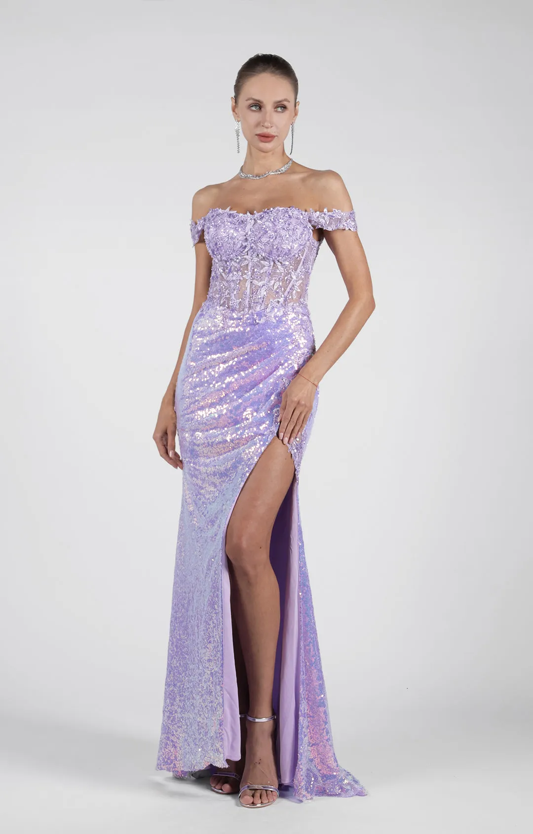 Off Shoulder High Side Split Corset Appliqued Sequins Evening Dress