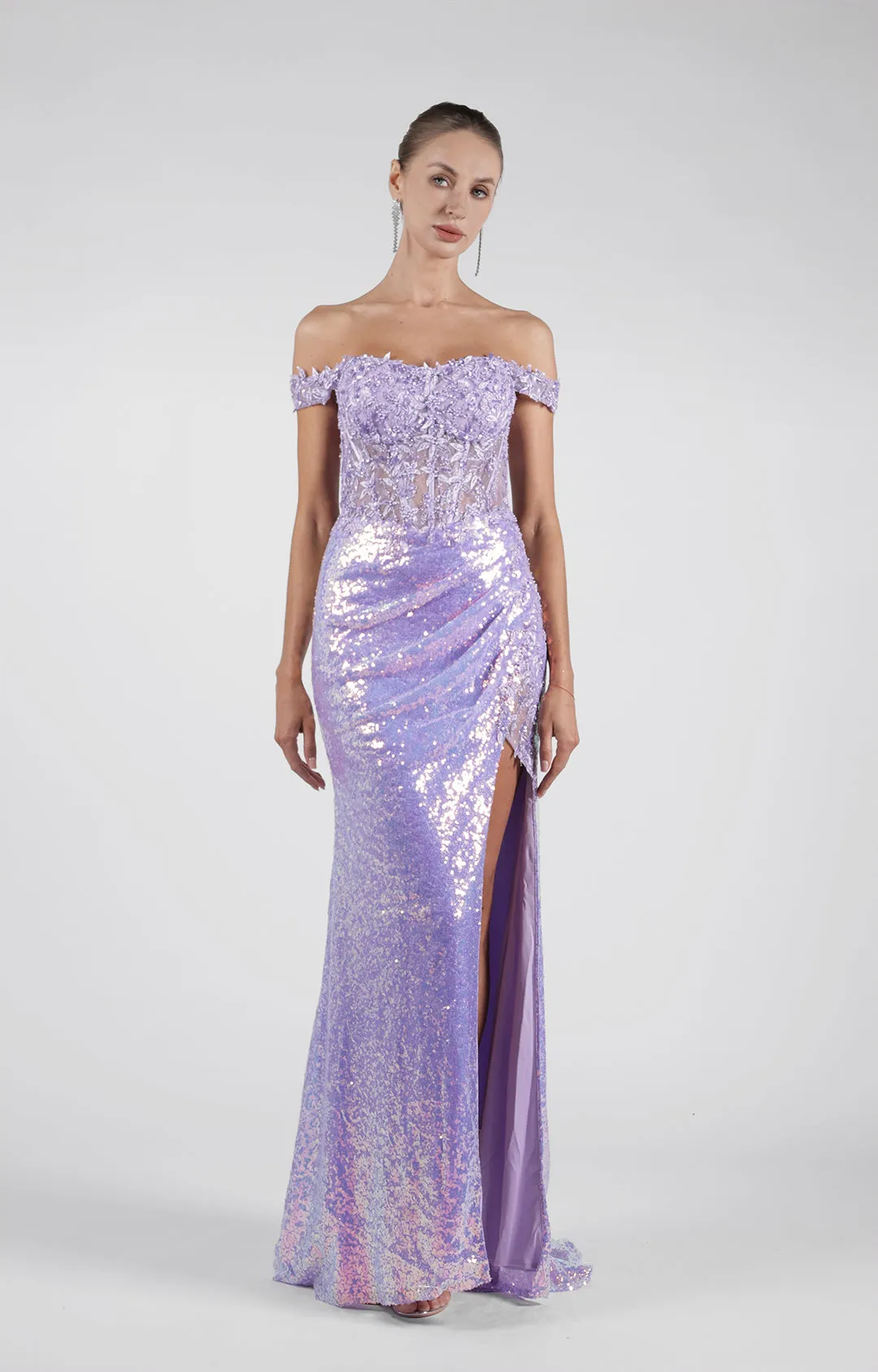 Off Shoulder High Side Split Corset Appliqued Sequins Evening Dress