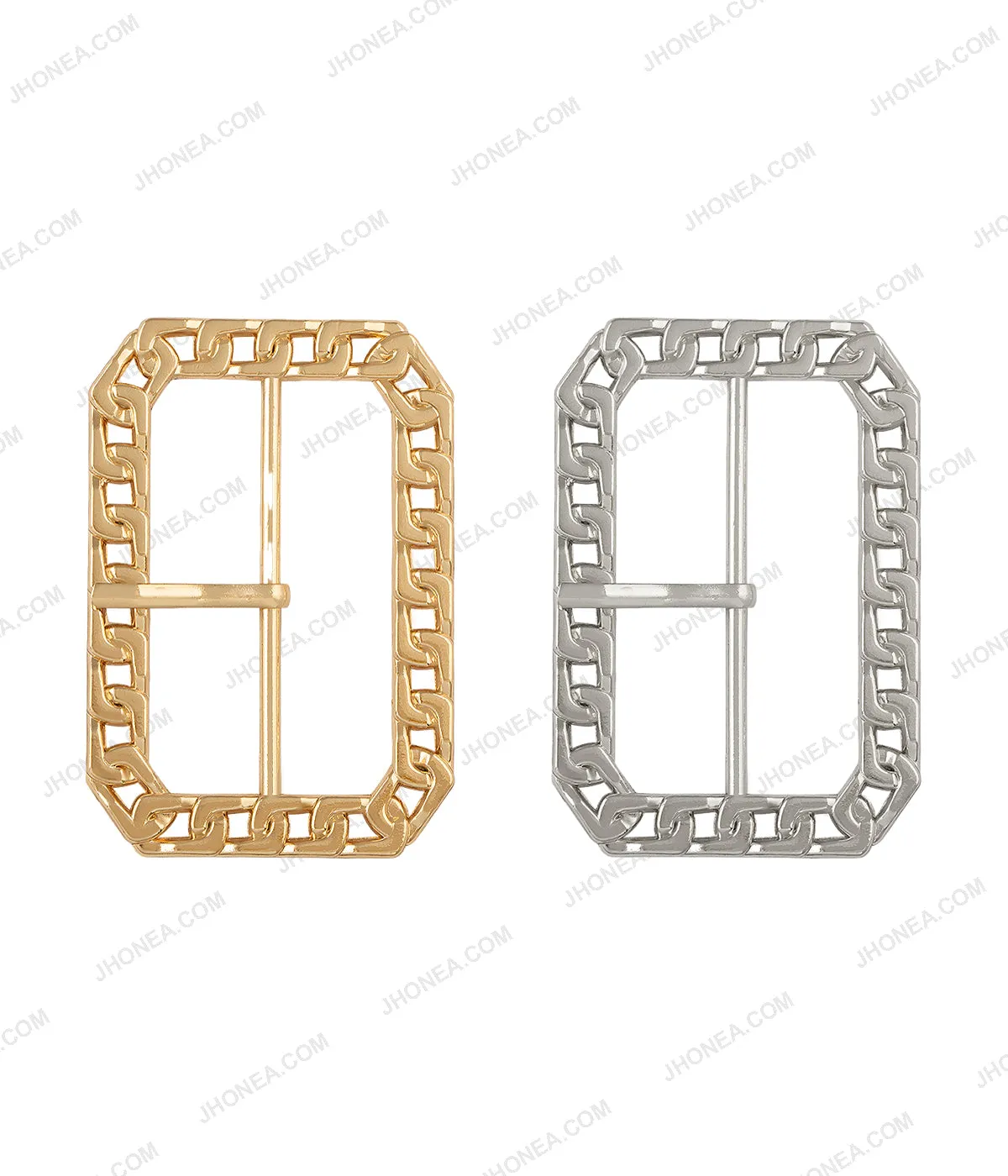 Rounded Rectangle Shiny Frame Chain Design Prong Belt Buckle