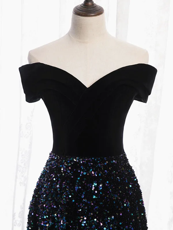 Shiny Off the Shoulder Black Prom Dresses with Corset Back, Shiny Black Long Formal Evening Dresses
