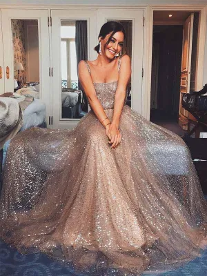 Shiny Sequin Tulle Long A-line Straps Prom Dresses