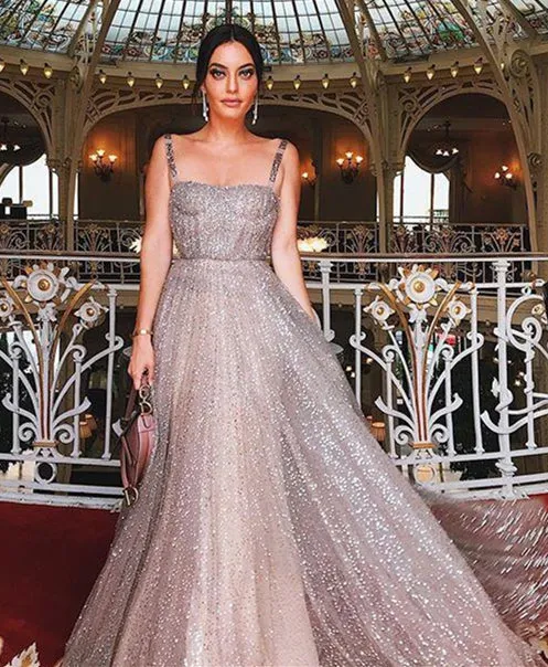 Shiny Sequin Tulle Long A-line Straps Prom Dresses