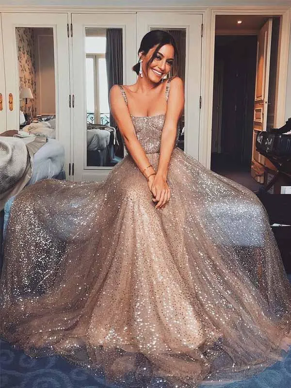 Shiny Sequin Tulle Long A-line Straps Prom Dresses