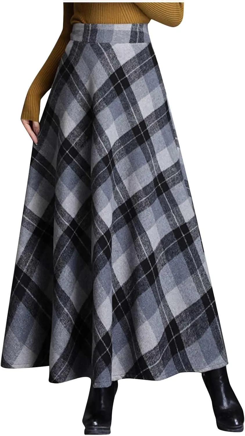 Skirts for Women A-Line Pleated Wool Skirt Plaid Flowy Swing High Waist Skirts Long Skirts Woven with Pockets