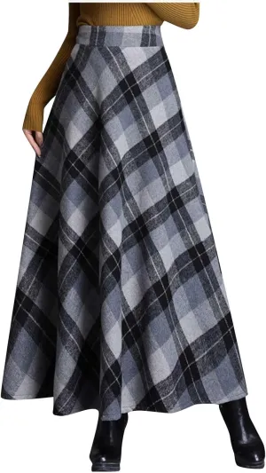 Skirts for Women A-Line Pleated Wool Skirt Plaid Flowy Swing High Waist Skirts Long Skirts Woven with Pockets