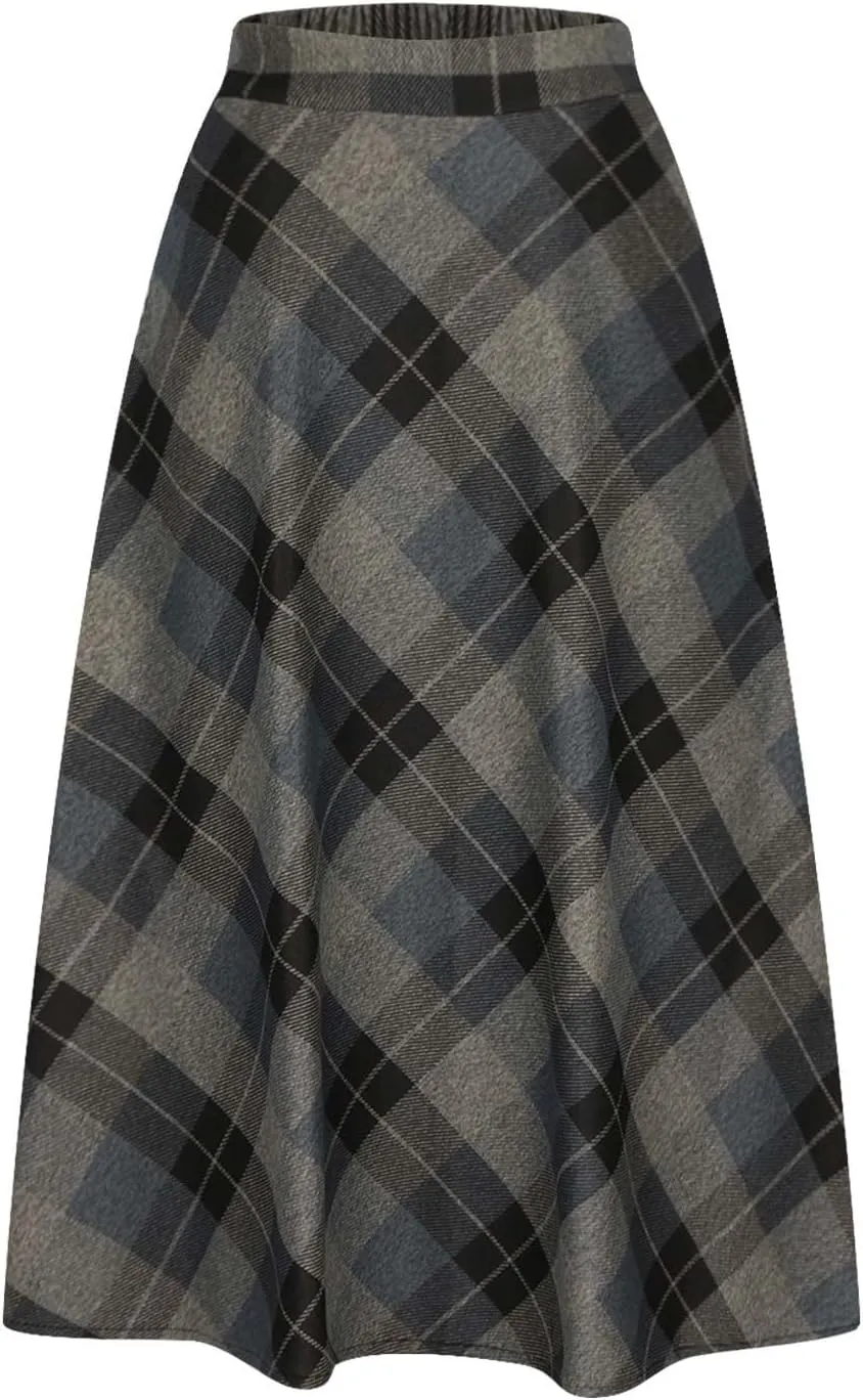 Skirts for Women A-Line Pleated Wool Skirt Plaid Flowy Swing High Waist Skirts Long Skirts Woven with Pockets