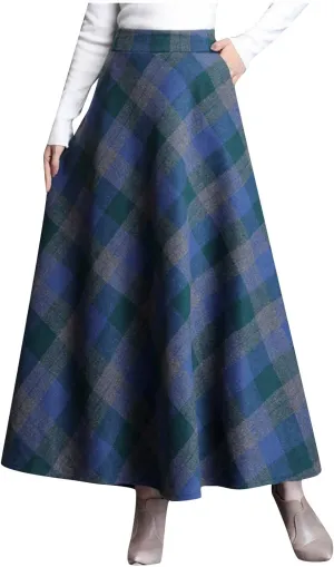 Skirts for Women A-Line Pleated Wool Skirt Plaid Flowy Swing High Waist Skirts Long Skirts Woven with Pockets