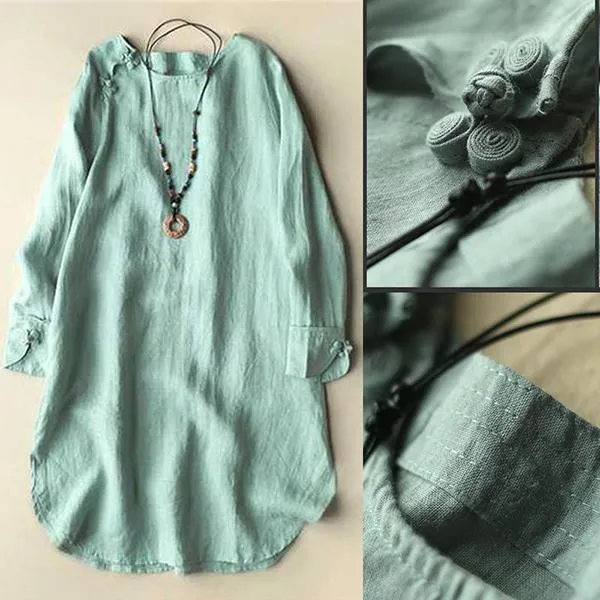 Solid  Irregular Frog Button Vintage Blouses