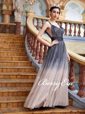 Straps Gradient Long A-line Sequin Tulle Prom Dresses, Glitter Long Prom Dresses, Shiny Prom Dresses