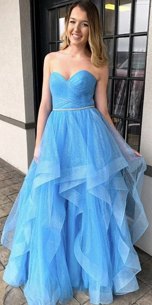 Sweetheart Long A-line Light Blue Sequin Tulle Prom Dresses, Shiny Prom Dresses, 2020 Prom Dresses