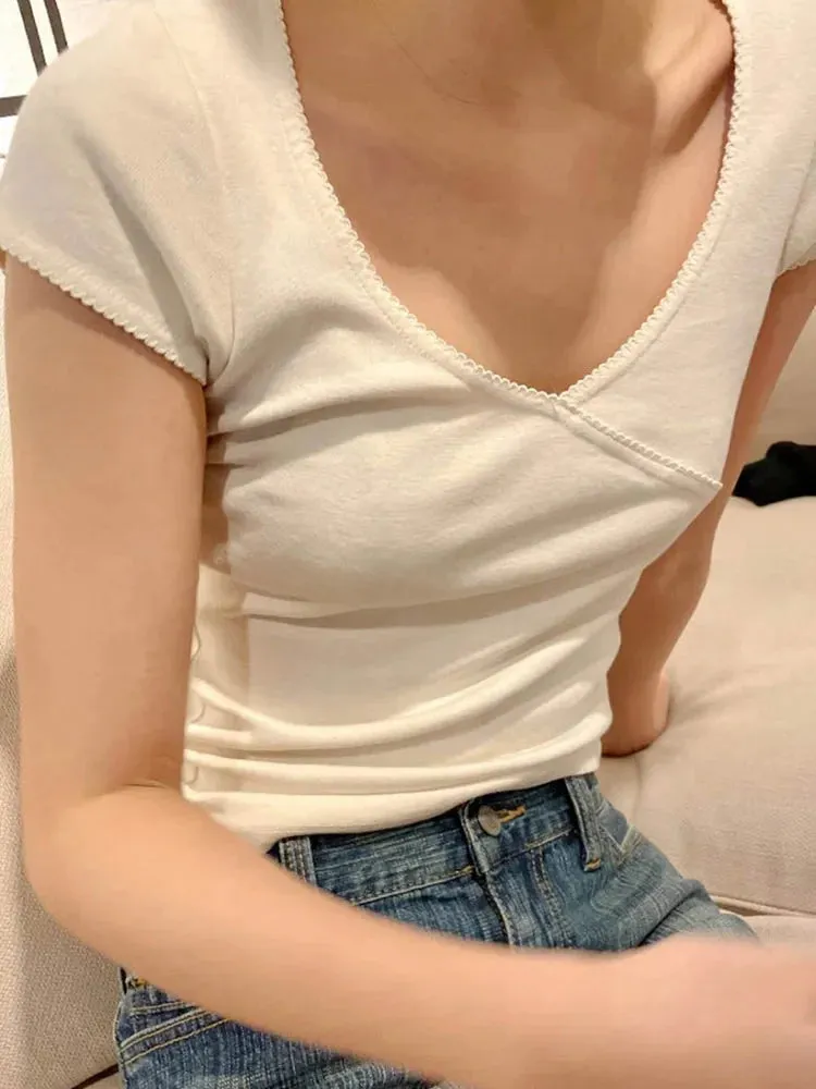 Vintage Cotton Femme Sweet Cute Simple Woman Short Sleeve Tee