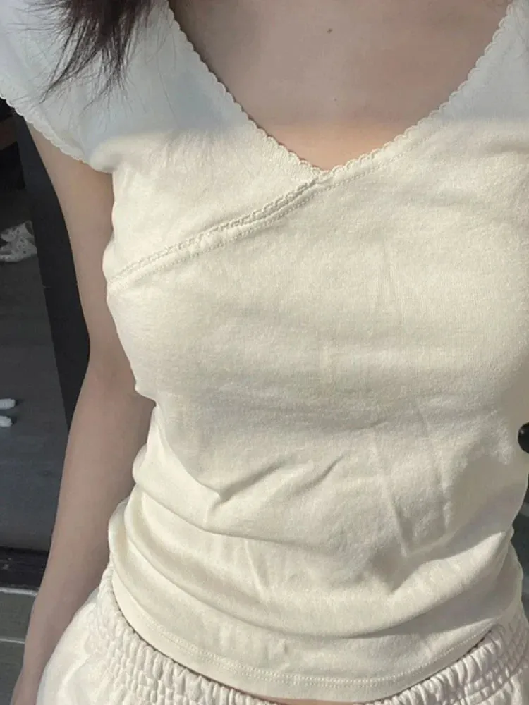 Vintage Cotton Femme Sweet Cute Simple Woman Short Sleeve Tee