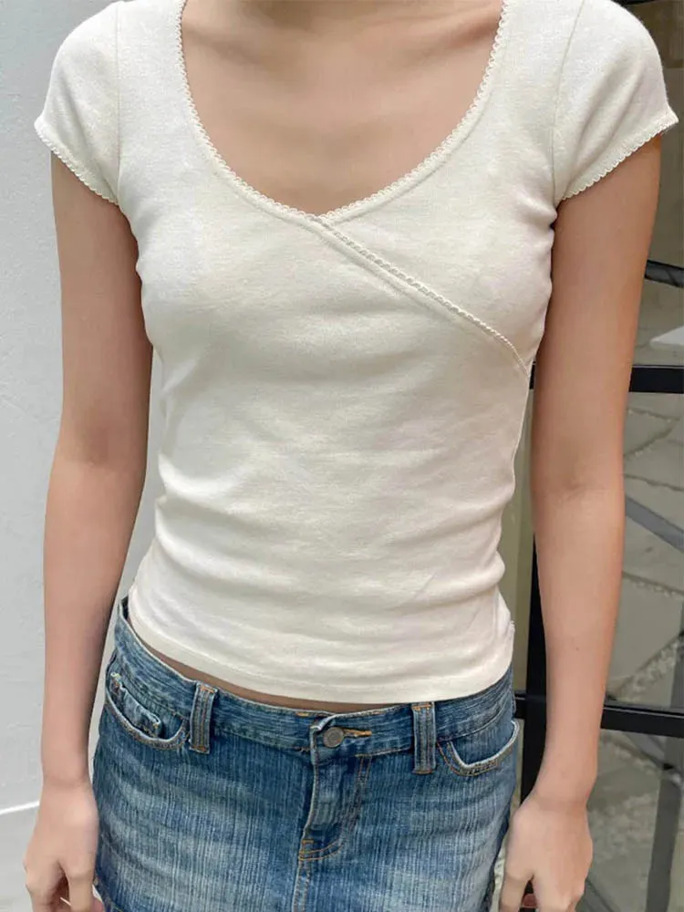 Vintage Cotton Femme Sweet Cute Simple Woman Short Sleeve Tee