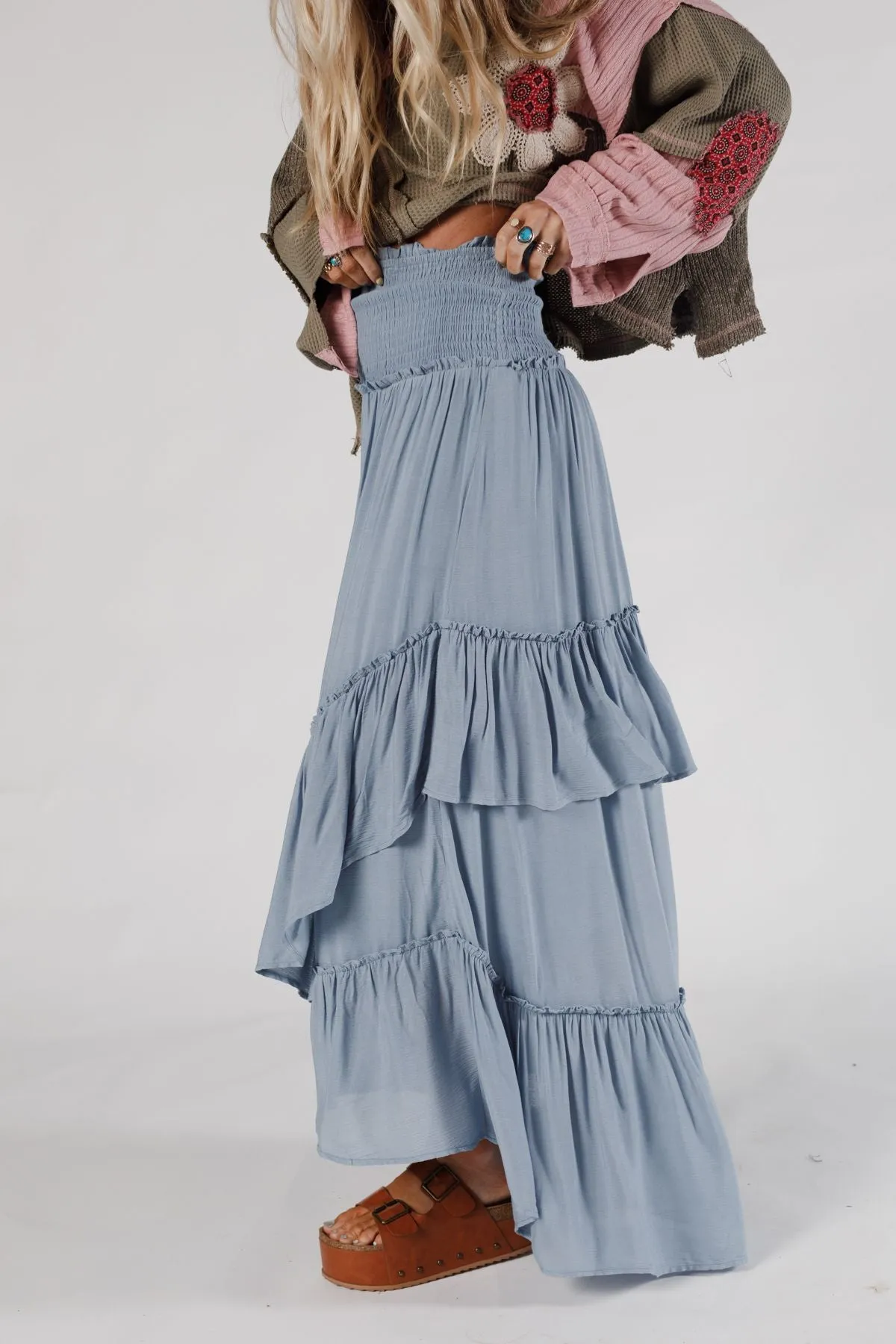 Washed Ashore Ruffled Maxi Skirt - Light Blue