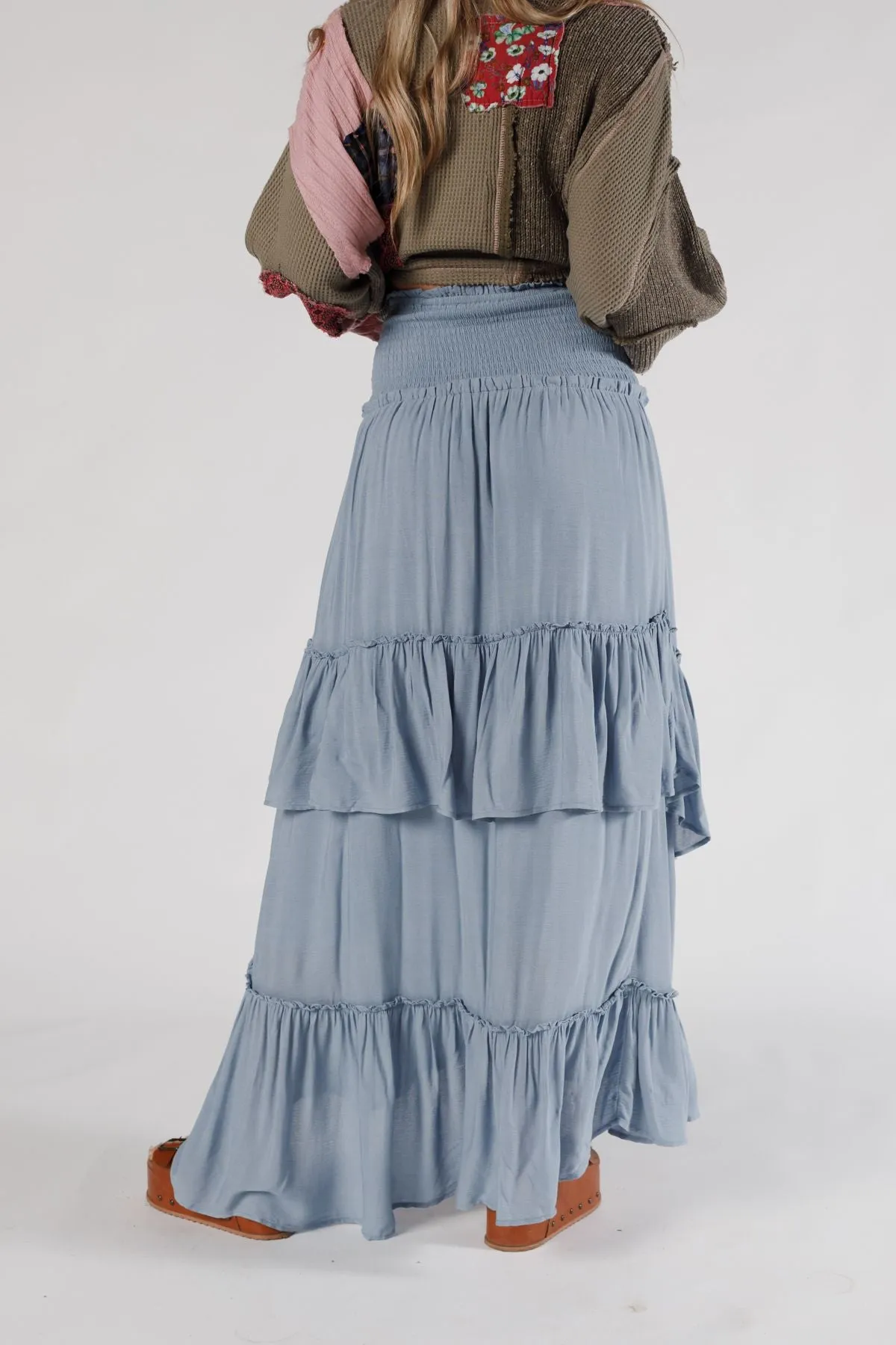 Washed Ashore Ruffled Maxi Skirt - Light Blue