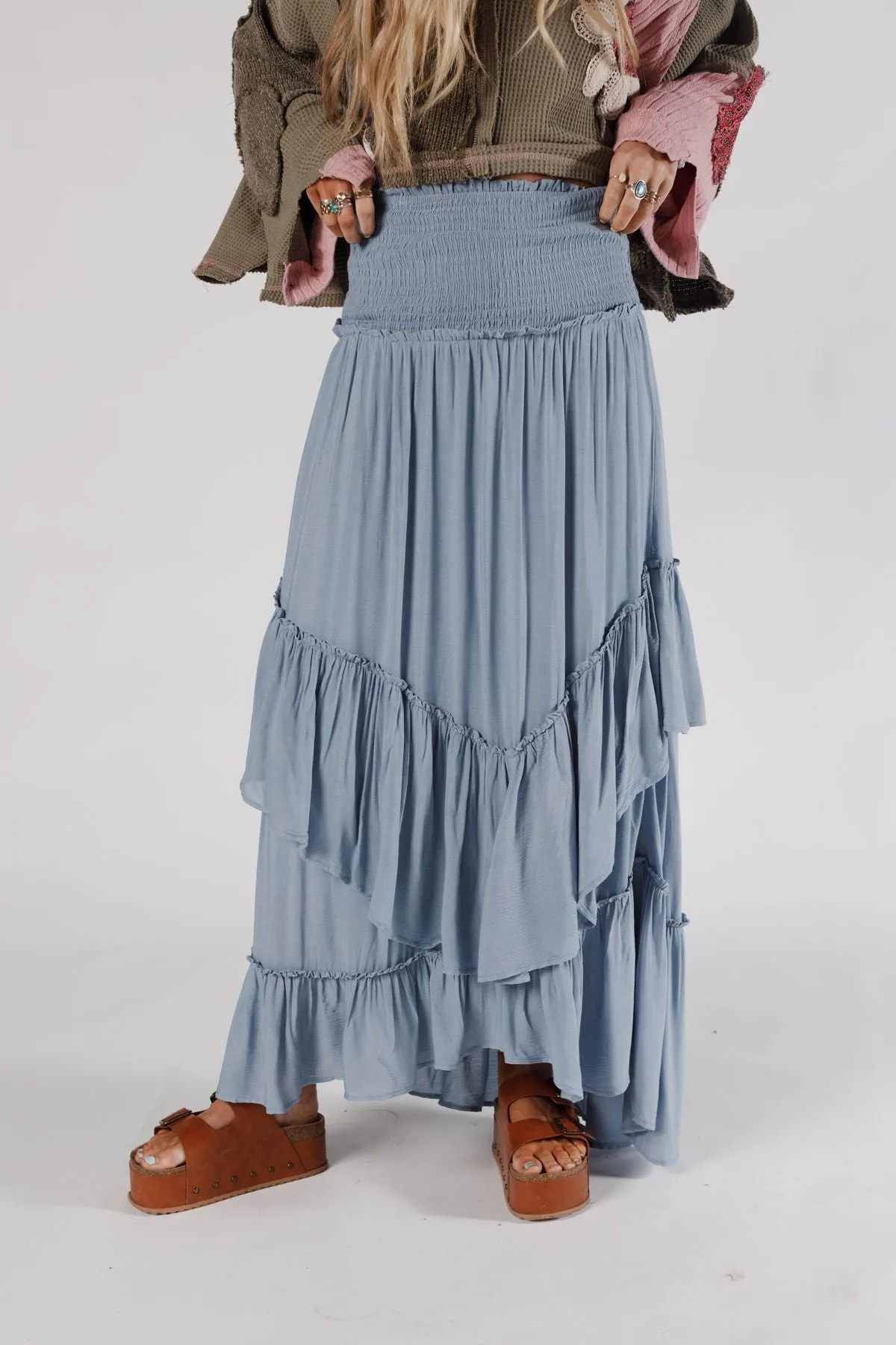 Washed Ashore Ruffled Maxi Skirt - Light Blue