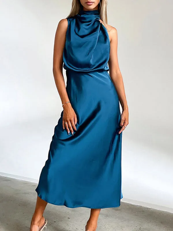 xakxx High Waisted Sleeveless Solid Color Halter-Neck Midi Dresses