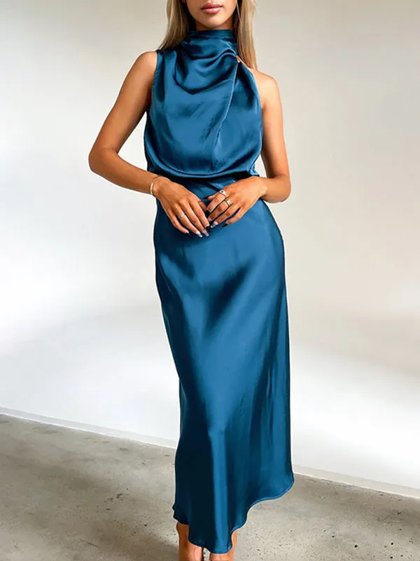 xakxx High Waisted Sleeveless Solid Color Halter-Neck Midi Dresses