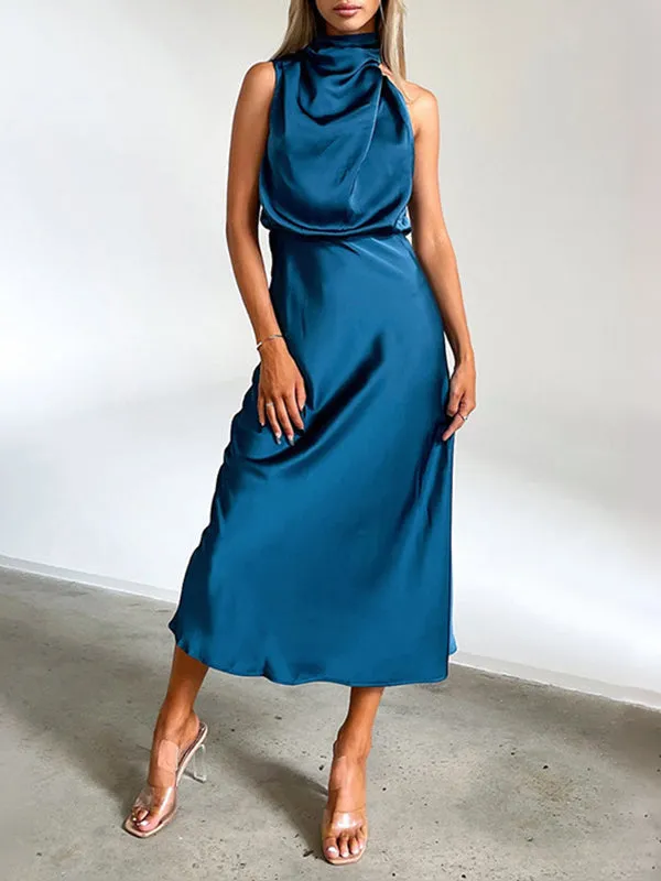 xakxx High Waisted Sleeveless Solid Color Halter-Neck Midi Dresses