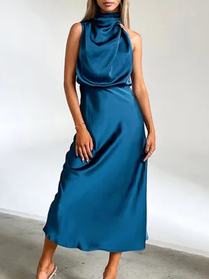 xakxx High Waisted Sleeveless Solid Color Halter-Neck Midi Dresses
