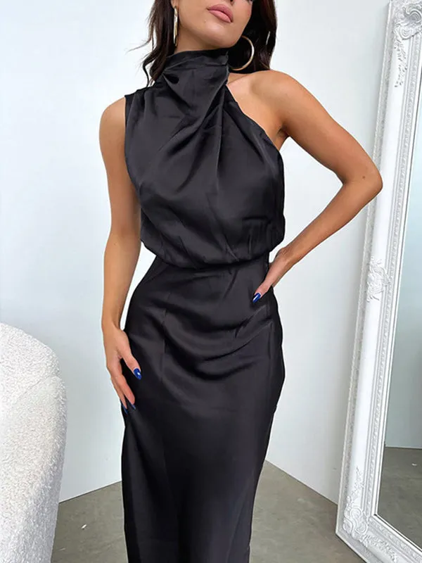 xakxx High Waisted Sleeveless Solid Color Halter-Neck Midi Dresses