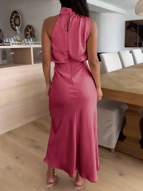 xakxx High Waisted Sleeveless Solid Color Halter-Neck Midi Dresses